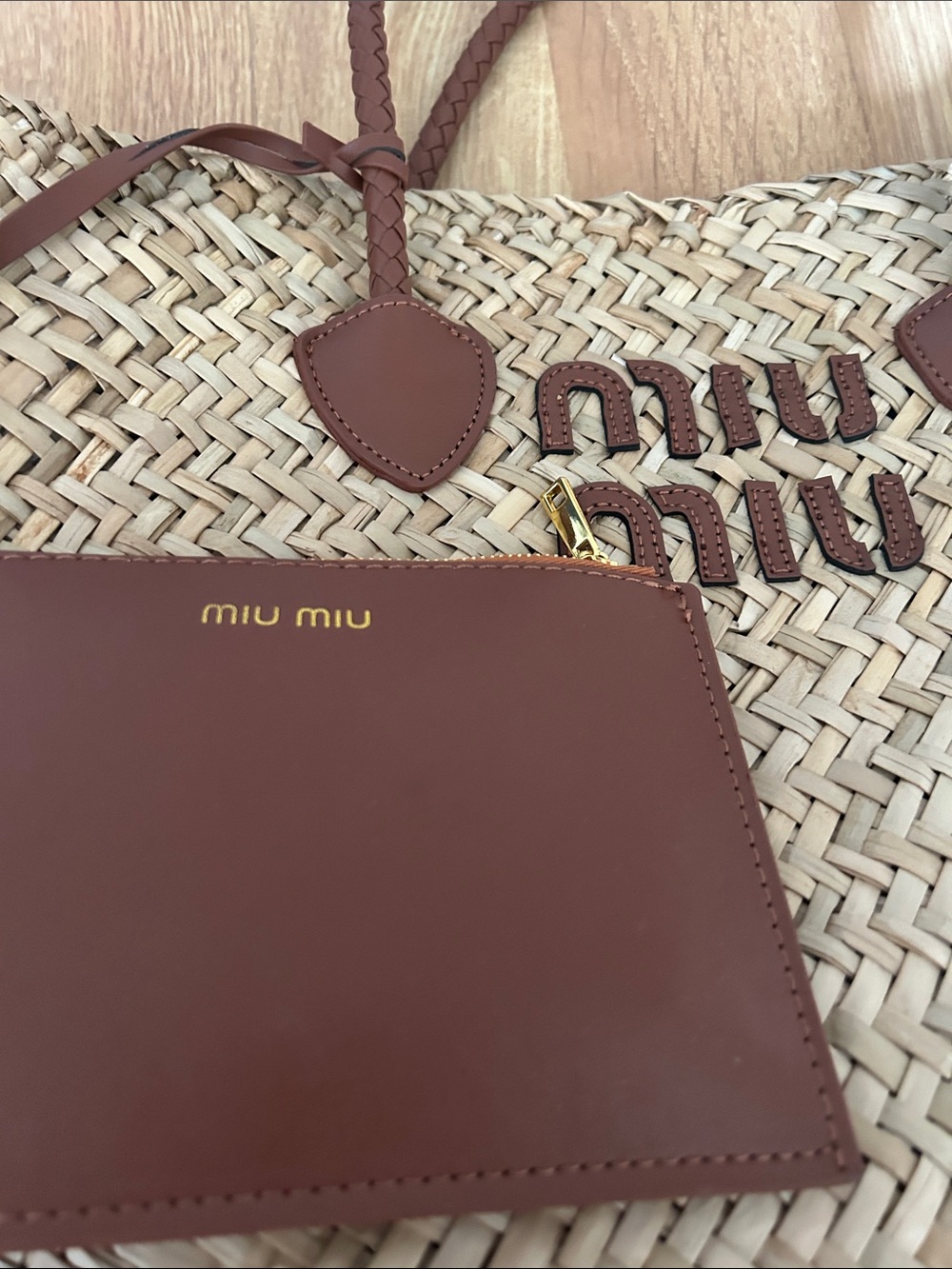 “Miu Miu” Straw Tote with Brown Faux Leather Handles - Picture 2 of 4